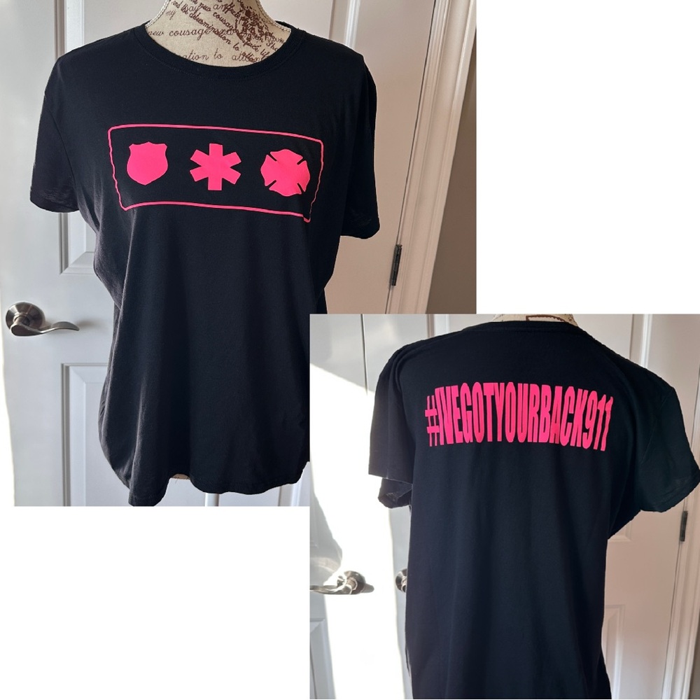 🔥 3/$15 #IVEGOTYOURBACK911 black and hot pink tee - sz XL